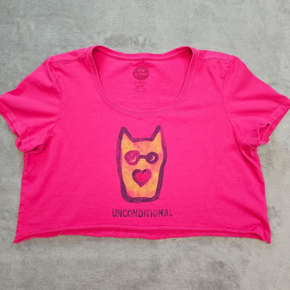 Life is Good Shirt Womens Large Pink Unconditional Short Sleeve Cut Off Crop Top
